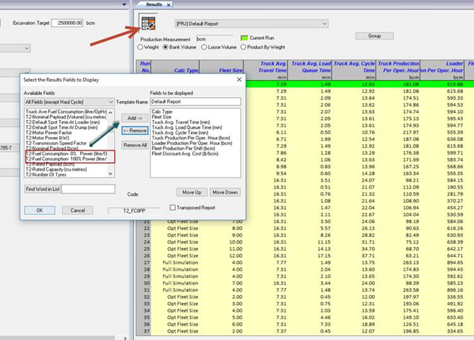 How do I edit the report template in the Results Table to show the data ...