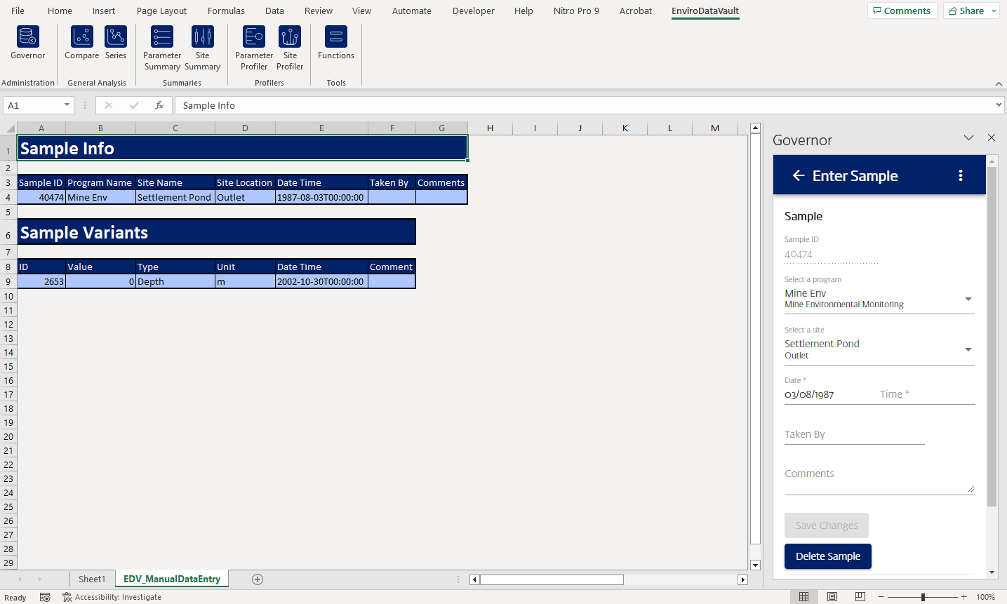 How do I view and edit my sample data in EnviroDataVault?