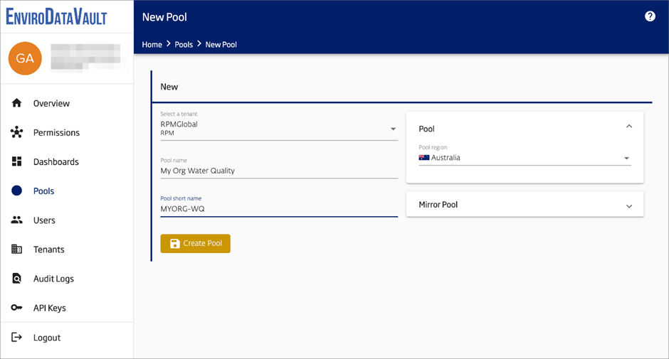 How do I create a new pool in EnviroDataVault?
