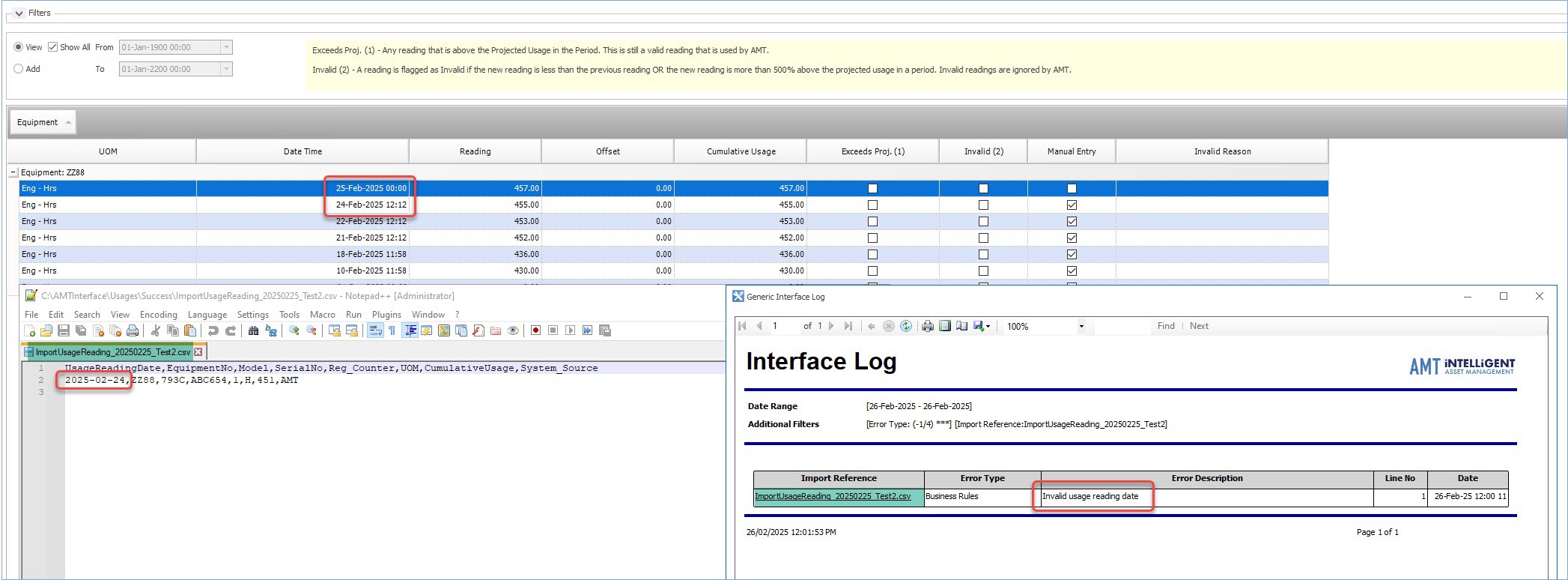 In AMT, why am I seeing an Invalid Usage Reading Date error?