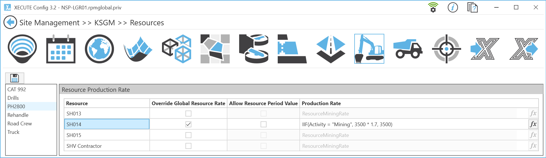 What is the actual production rate of a resource in XECUTE?